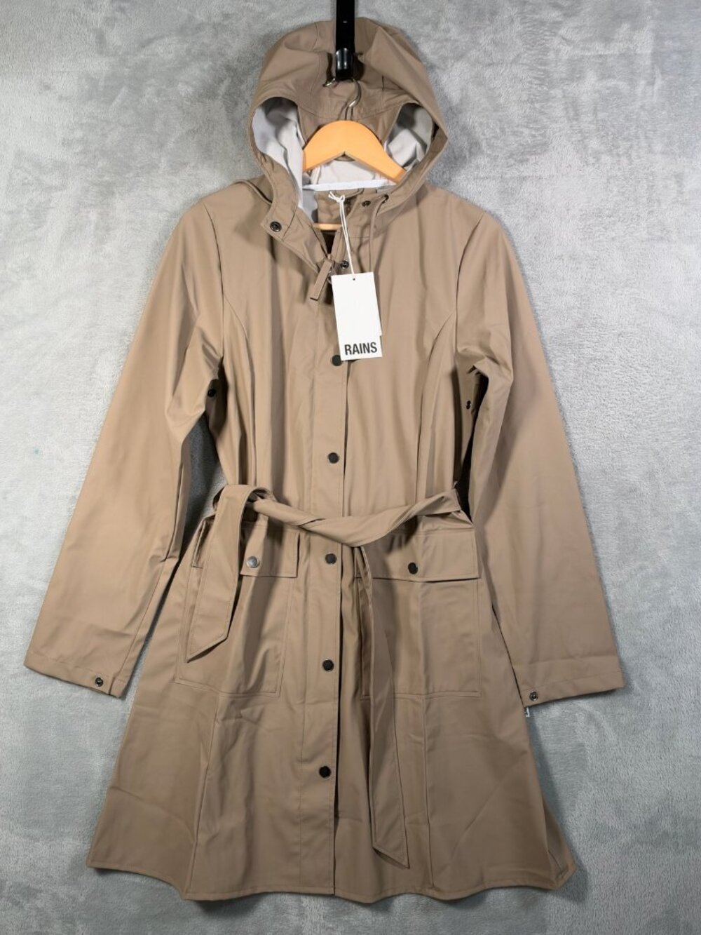 Rains Rain Coat Womens S Beige Curve Long Jacket Belted Waterproof Hooded $155